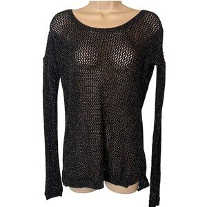Express‎ Women's Sweater Top M Black Silver Metallic Open Knit Holiday Party Y2K